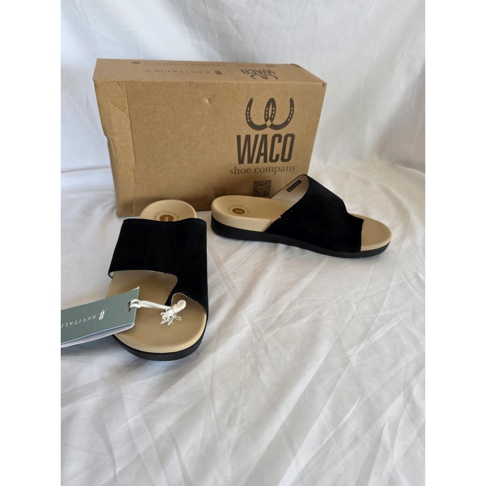 Revitalign Waco Shoe Company Black Suede Toe Loop Slide Sandals Womens 6.5 D New